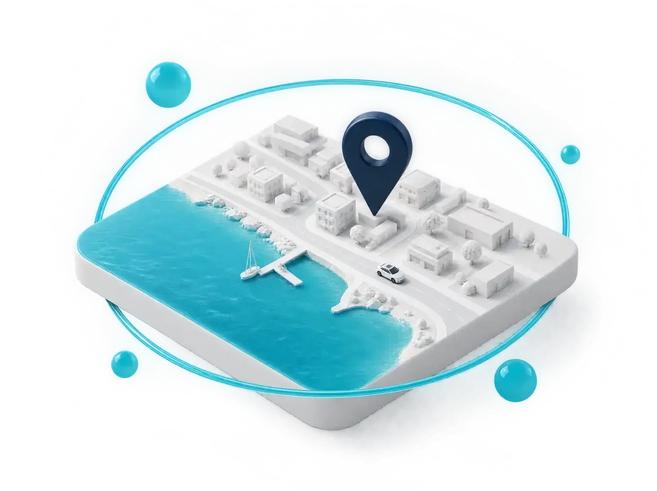 Illustration of a small coastal city map with a location pin