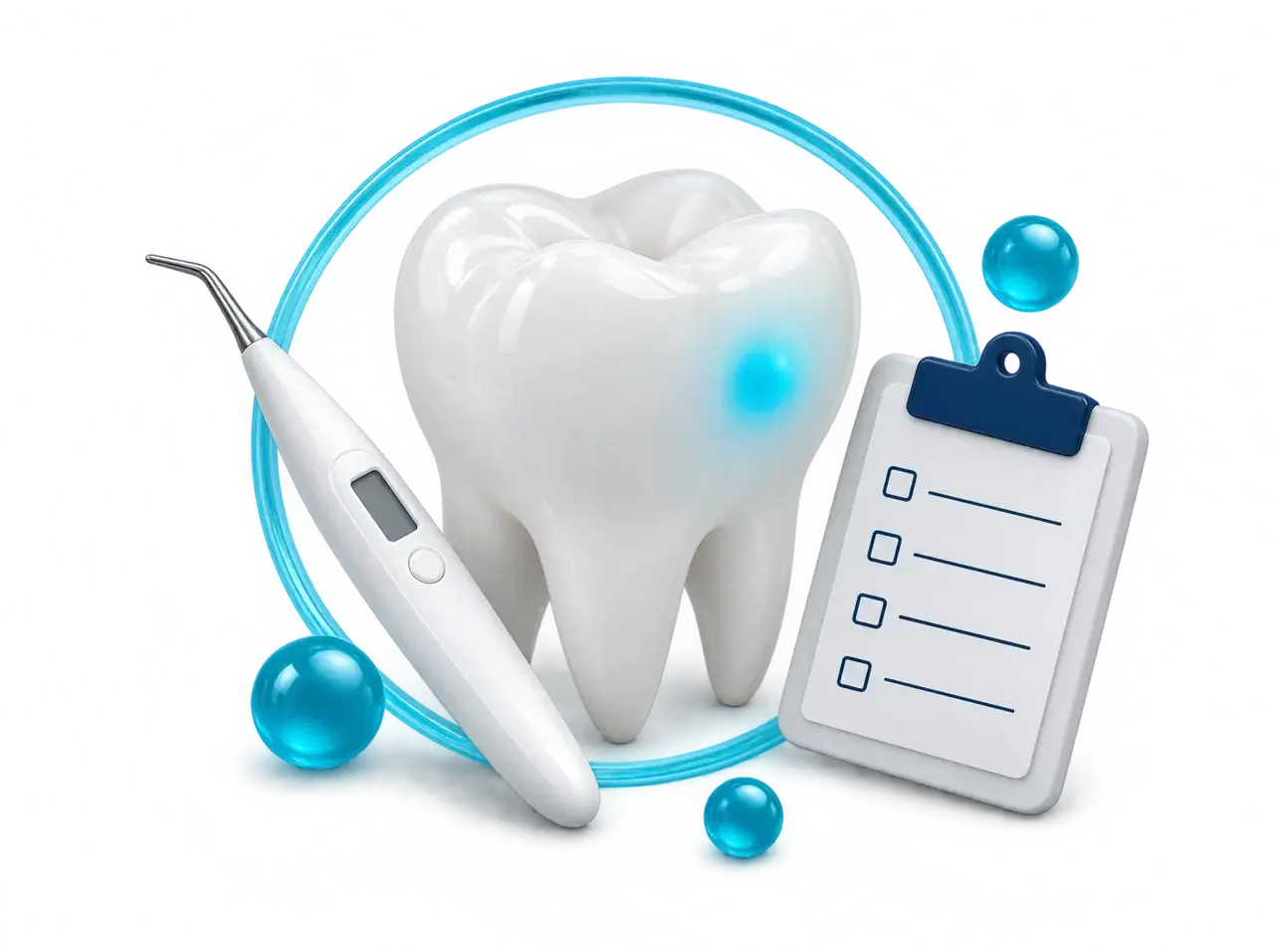 Illustration of a tooth with a sensitive spot, a probe and a checklist
