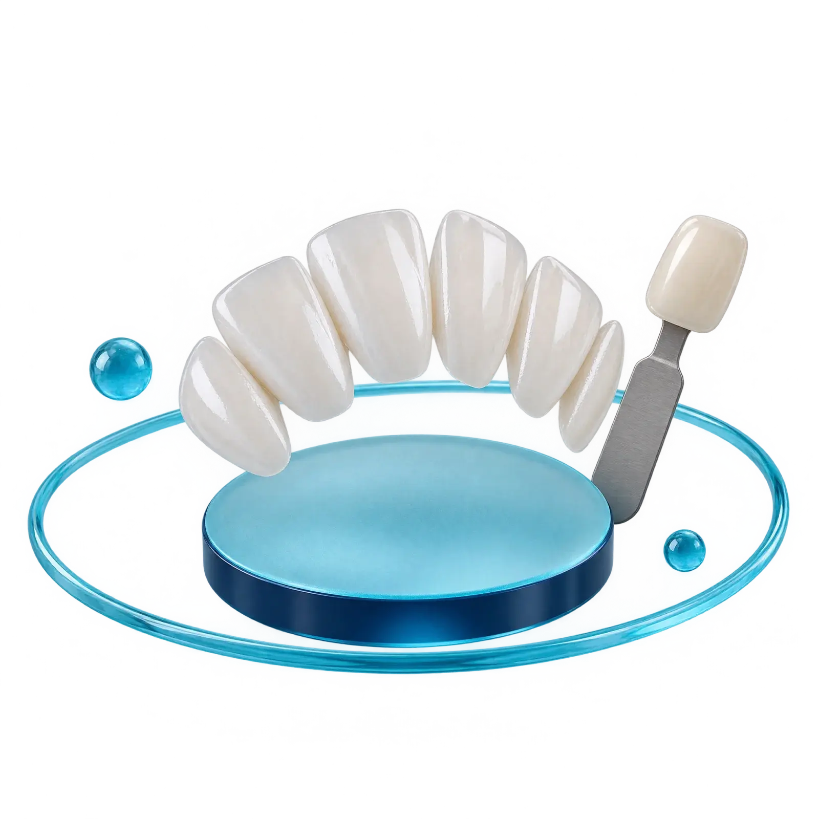 A fan of porcelain veneers with a shade tab