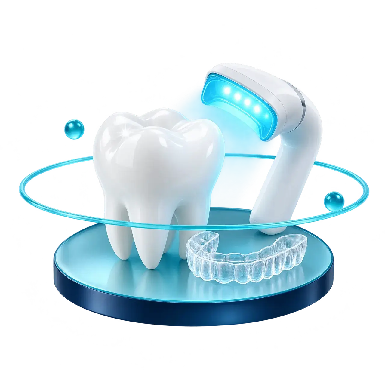 A white tooth beside a whitening lamp and tray